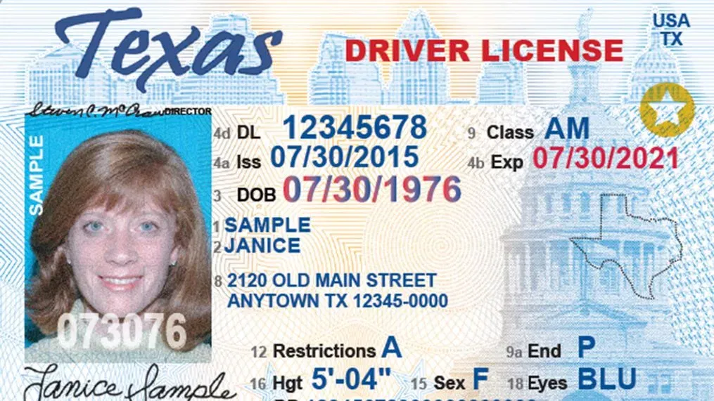 Texas driver's license sample highlighting the gold star symbol for REAL ID verification.