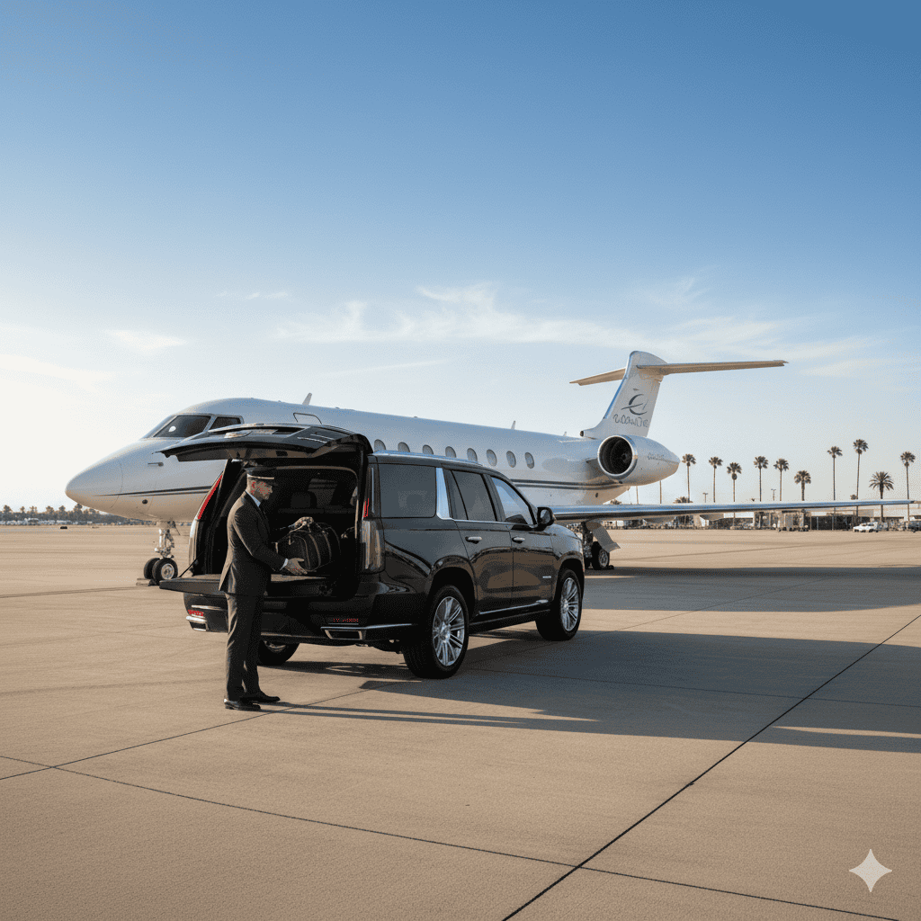 Luxury travel with private jet and SUV.