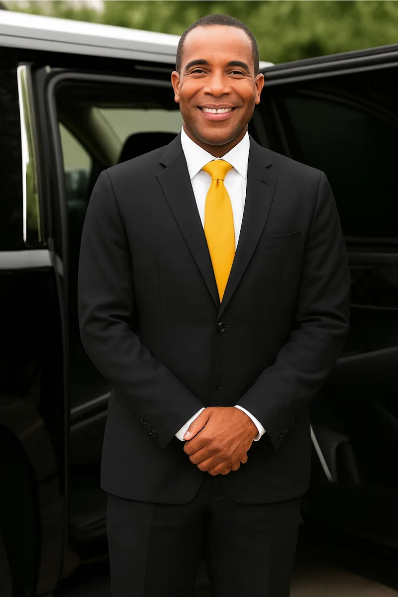Professional chauffeur standing beside a luxury SUV ready to serve Crown Concierge clients in DFW.