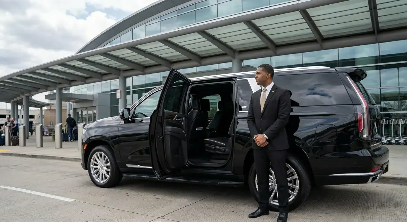 Professional chauffeur opening door of luxury SUV for concierge car service in Dallas
