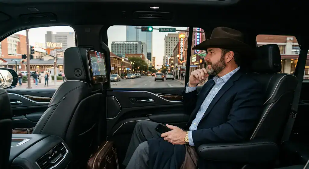 Business traveler riding in luxury SUV car service through downtown Fort Worth Texas