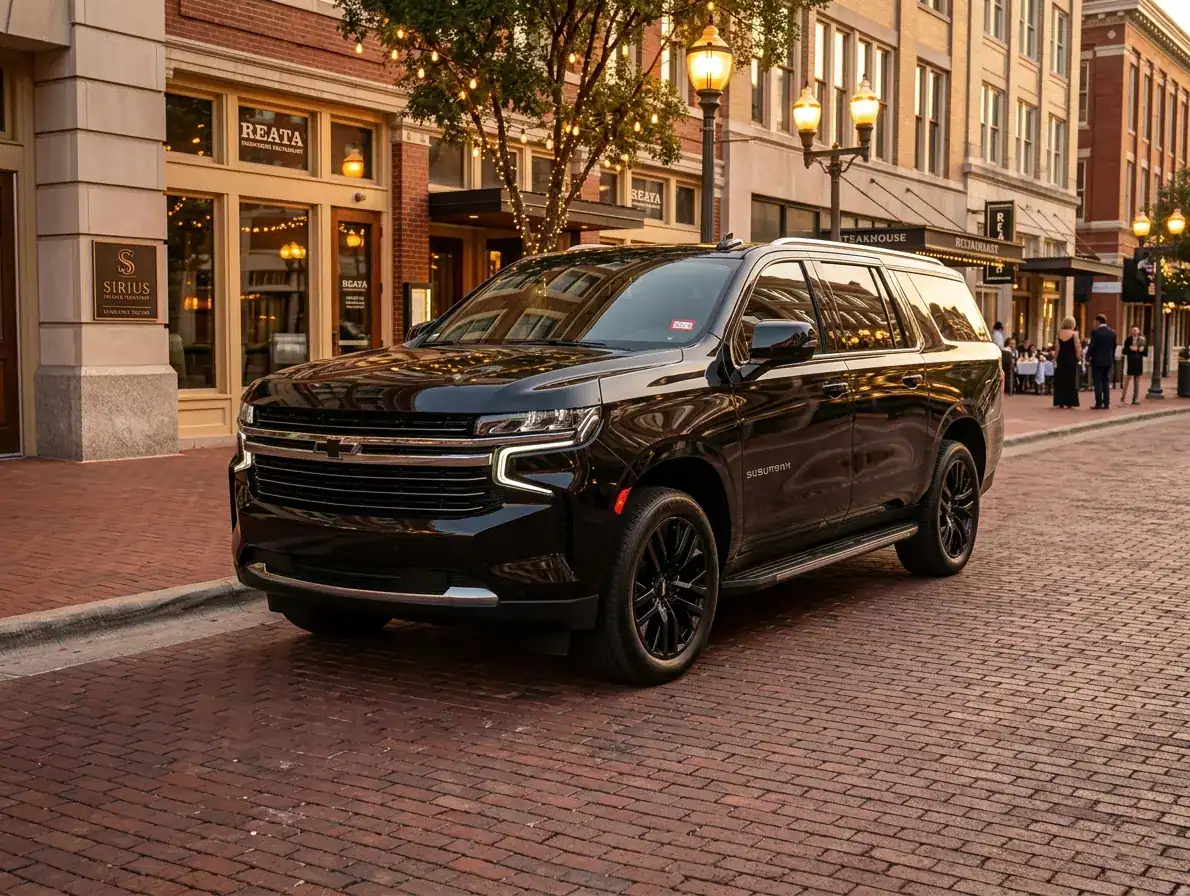 Black Chevrolet Suburban for private car service in downtown Fort Worth Texas
