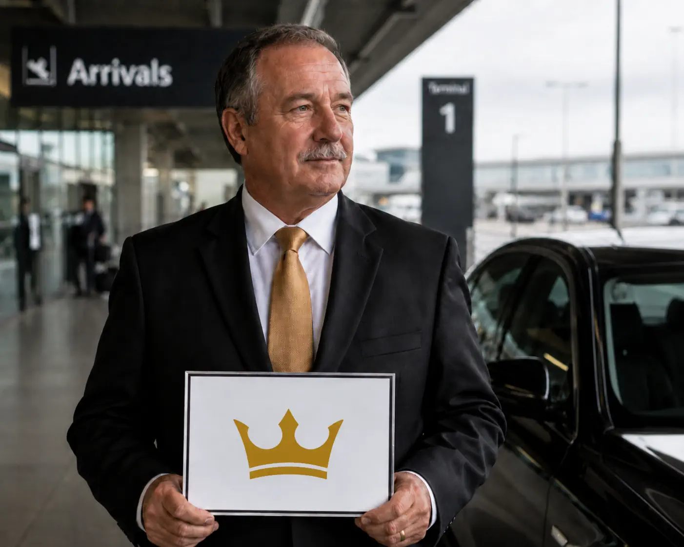 Crown Concierge chauffeur holding welcome sign at airport arrivals — meet and greet airport service
