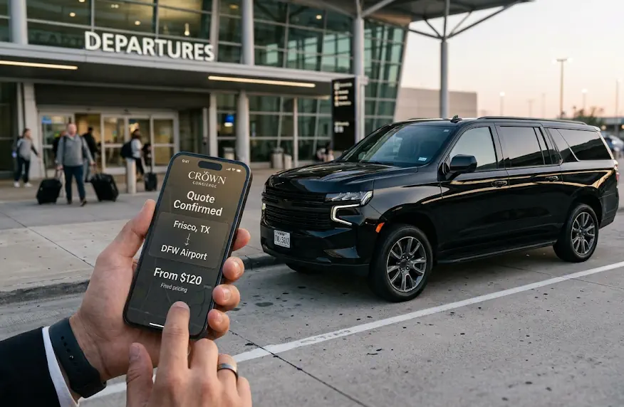 Crown Concierge black SUV staged for a fixed-price Plano airport pickup